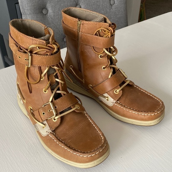 Sperry Top Sider Leather Upper Boots Gold Laces Lace Up Double Buckle Like New - Picture 3 of 17